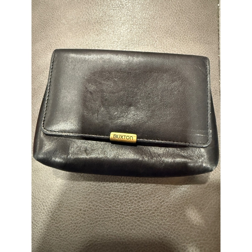 Buxton Vintage Black Velvet Touch Cowhide Leather Clutch Wallet Gold Logo Snap